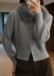 NURO Women's Short Knit Jacket with Faux Fur Collar & Dual Zippers, Casual Cardigan for Fall and Winter