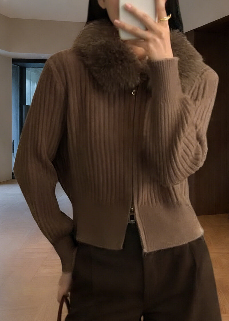 NURO Women's Short Knit Jacket with Faux Fur Collar & Dual Zippers, Casual Cardigan for Fall and Winter