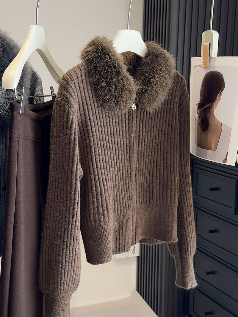 NURO Women's Short Knit Jacket with Faux Fur Collar & Dual Zippers, Casual Cardigan for Fall and Winter