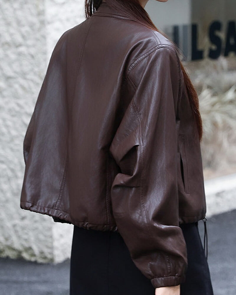 NURO Women's Short PU Leather Jacket Loose Fit Zip Up Casual Coat