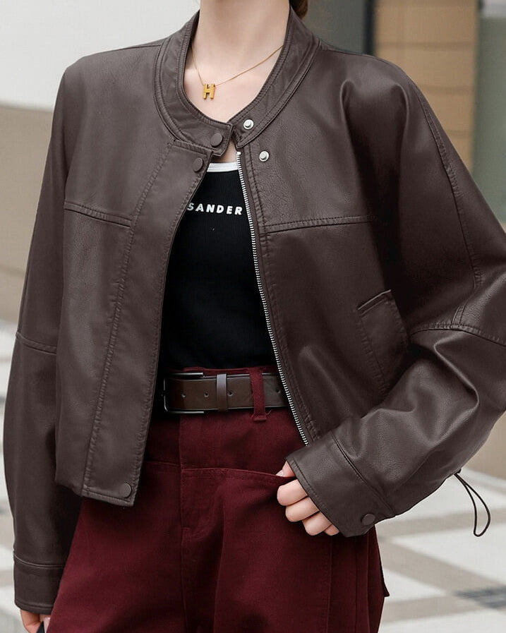 NURO Women's Short PU Leather Jacket Washed Faux Leather Zip Up Coat