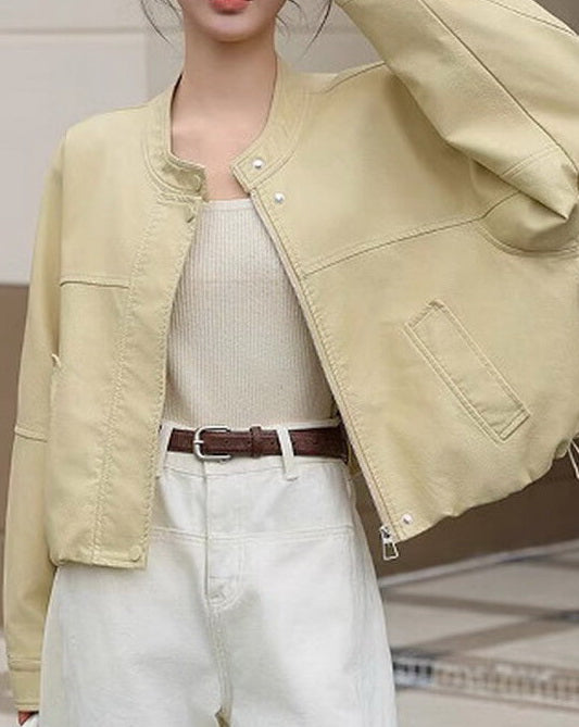 NURO Women's Short PU Leather Jacket Washed Faux Leather Zip Up Coat