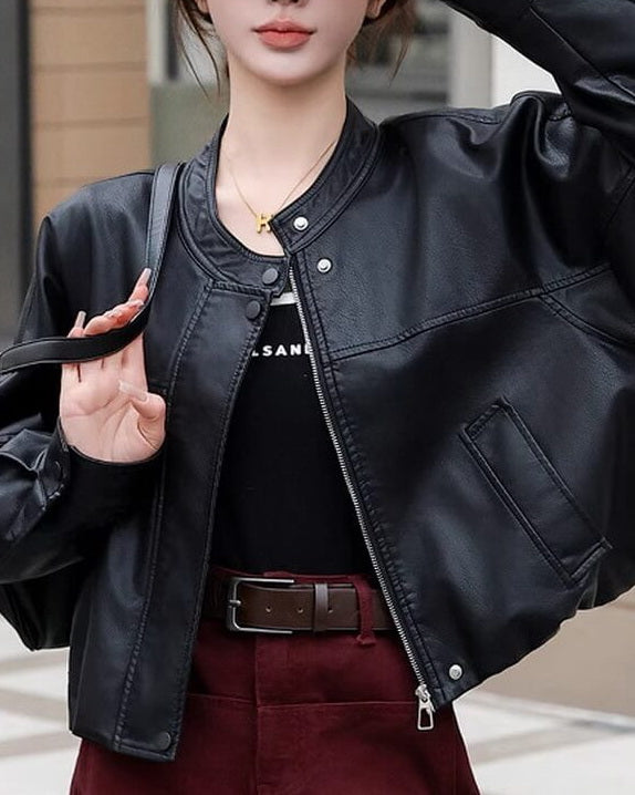 NURO Women's Short PU Leather Jacket Washed Faux Leather Zip Up Coat