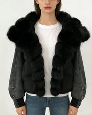 NURO Women's Short Puffer Jacket with Detachable Fox Fur Collar, High-Grade White Duck Down Winter Coat, Oversized Quilted Parka for Elegant Commute