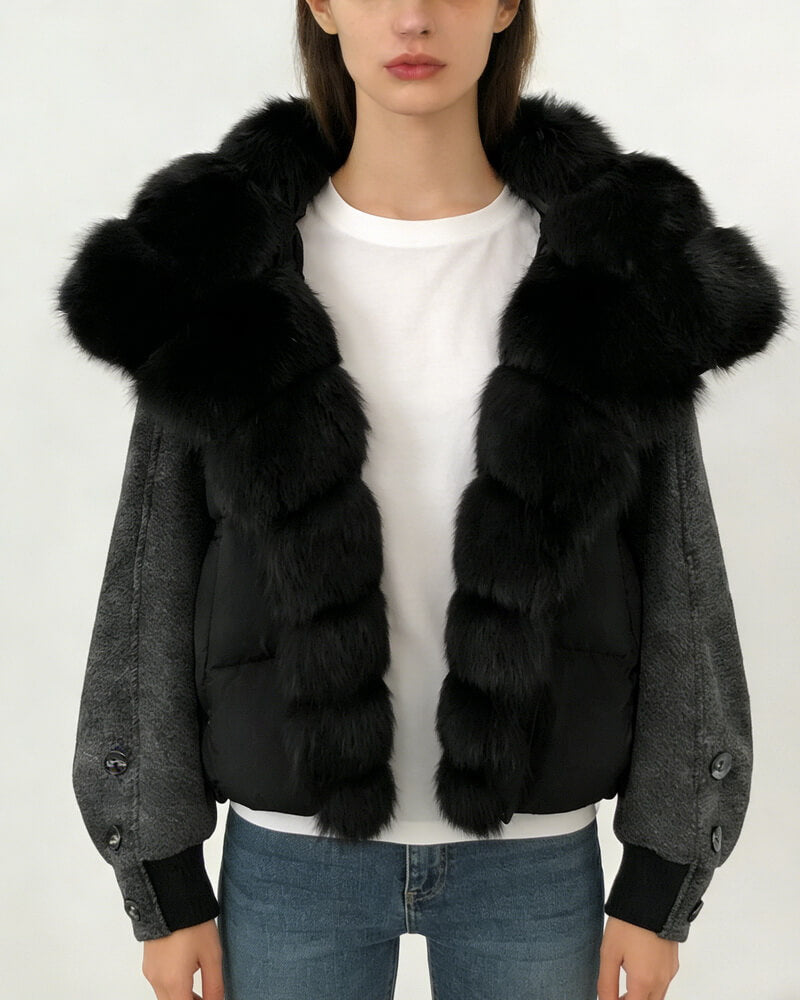 NURO Women's Short Puffer Jacket with Detachable Fox Fur Collar, High-Grade White Duck Down Winter Coat, Oversized Quilted Parka for Elegant Commute