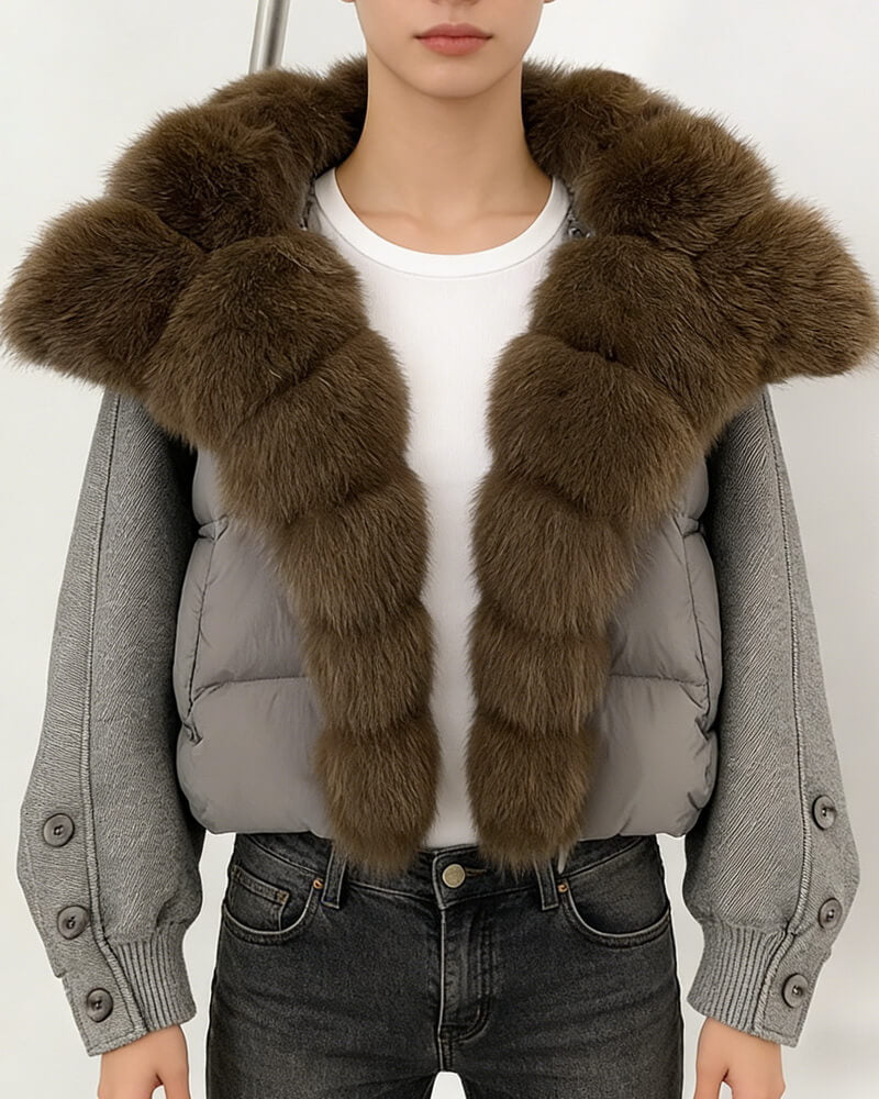 NURO Women's Short Puffer Jacket with Detachable Fox Fur Collar, High-Grade White Duck Down Winter Coat, Oversized Quilted Parka for Elegant Commute