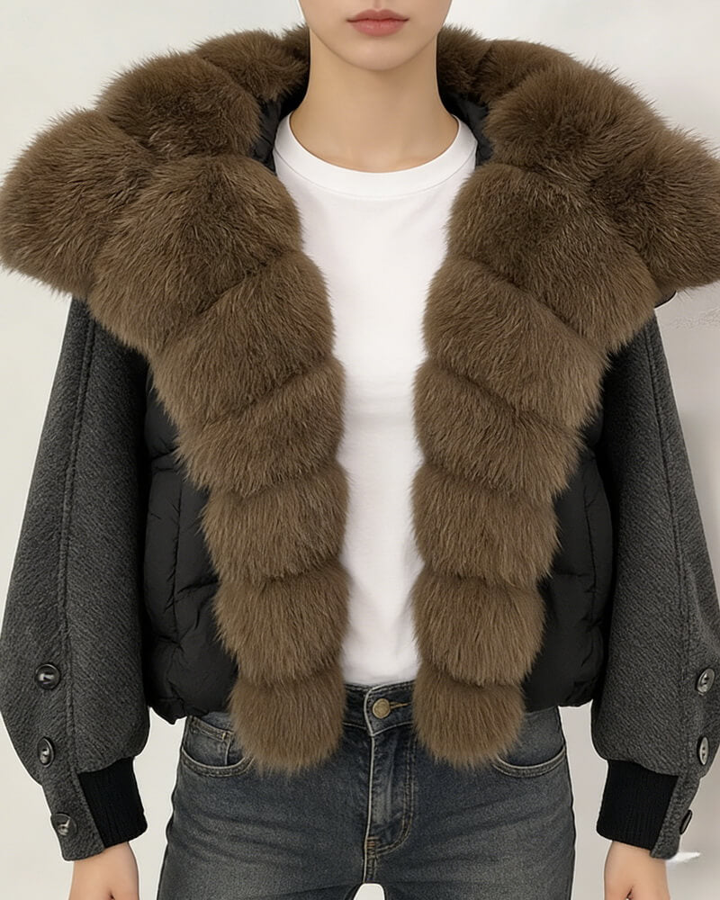 NURO Women's Short Puffer Jacket with Detachable Fox Fur Collar, High-Grade White Duck Down Winter Coat, Oversized Quilted Parka for Elegant Commute