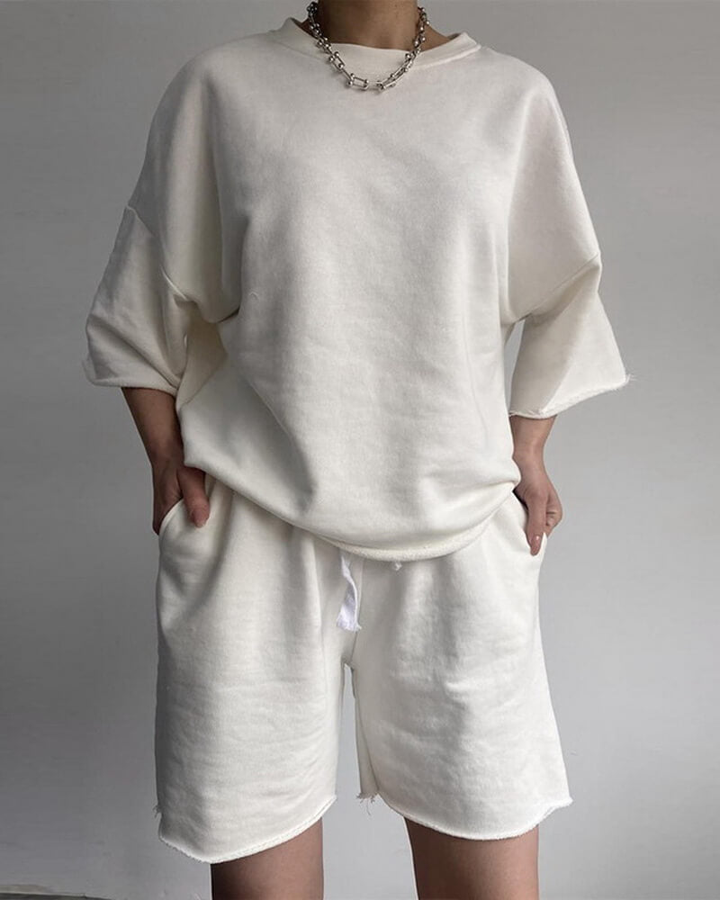 NURO Women's Short Sleeve Crop Top and Drawstring Shorts Set