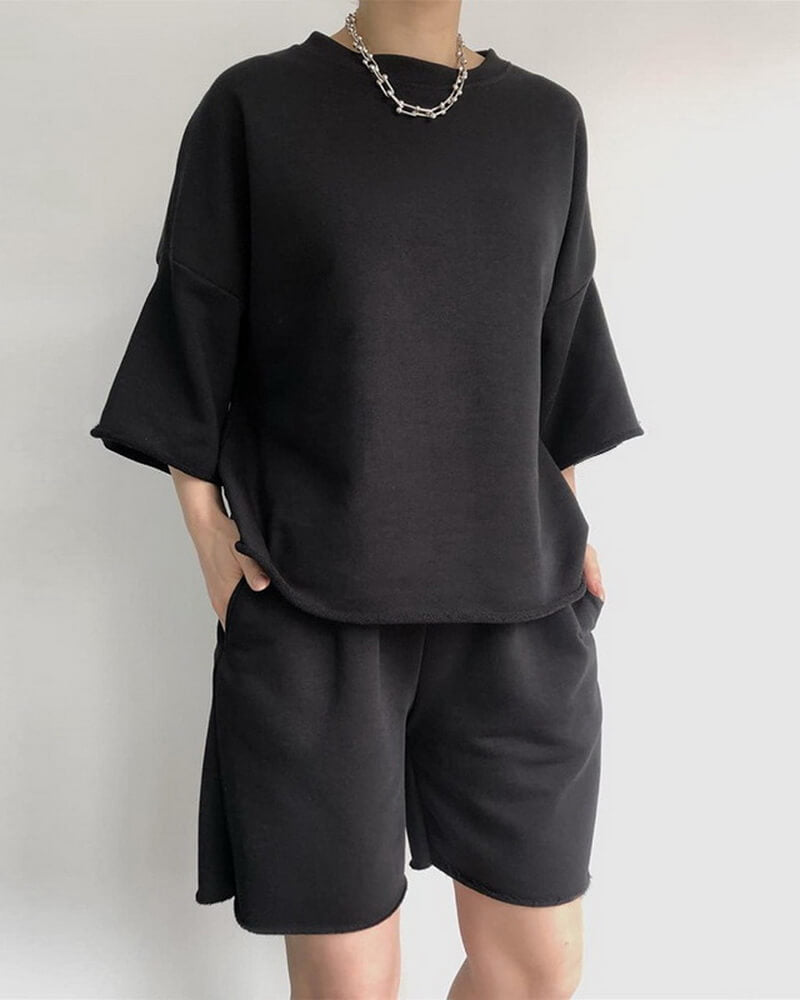 NURO Women's Short Sleeve Crop Top and Drawstring Shorts Set