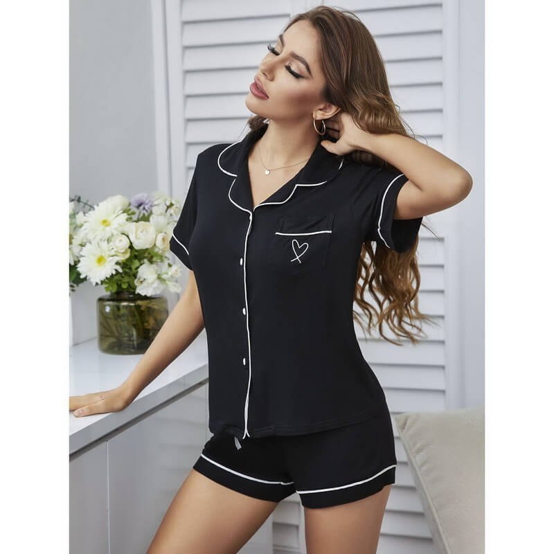 NURO Women's Short Sleeve Loungewear Set, Button-Down Shirt and Shorts Two-Piece