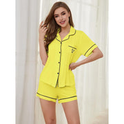 NURO Women's Short Sleeve Loungewear Set, Button-Down Shirt and Shorts Two-Piece