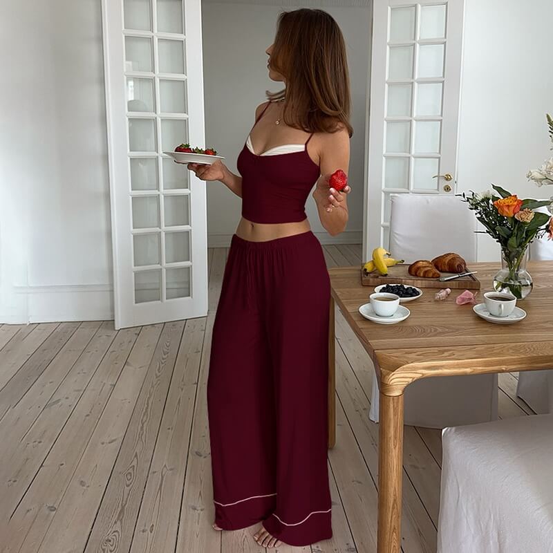 NURO Women's Sleeveless Lounge Set - Bow Tie Tank Top with Wide Leg Pants, Lightweight Loungewear Two Piece Set for Home and Travel