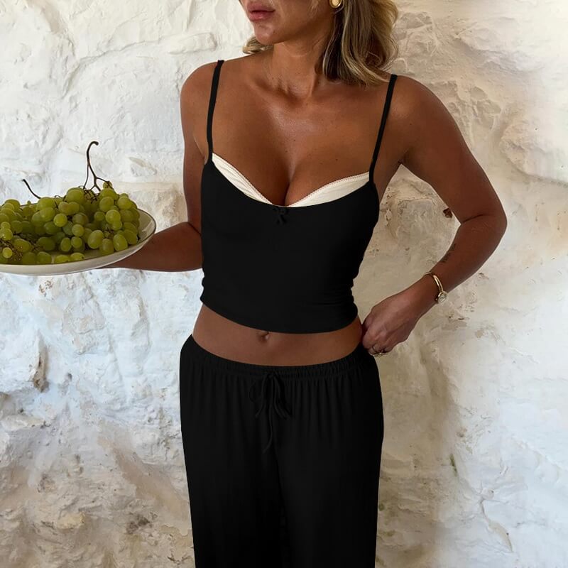 NURO Women's Sleeveless Lounge Set - Bow Tie Tank Top with Wide Leg Pants, Lightweight Loungewear Two Piece Set for Home and Travel