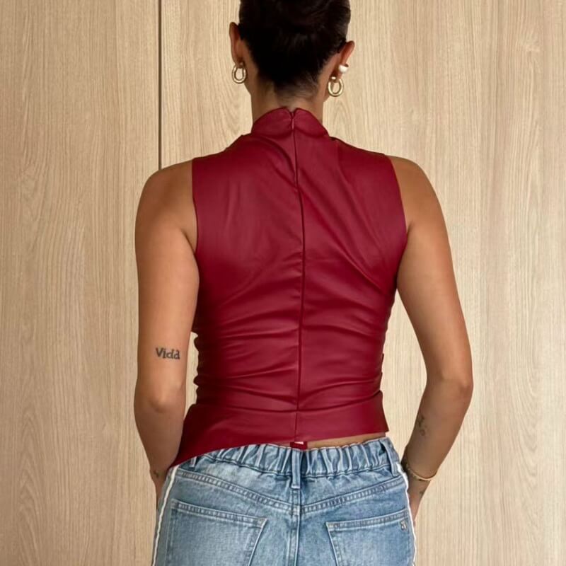 NURO Women's Sleeveless PU Leather Vest Top - Stand Collar Waist-Cinching Cropped Tank, Asymmetric Hem Streetwear Style