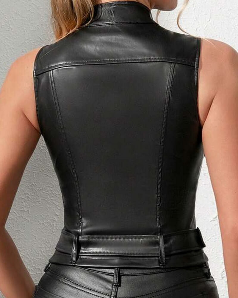 NURO Women's Sleeveless PU Leather Vest with Stand Collar