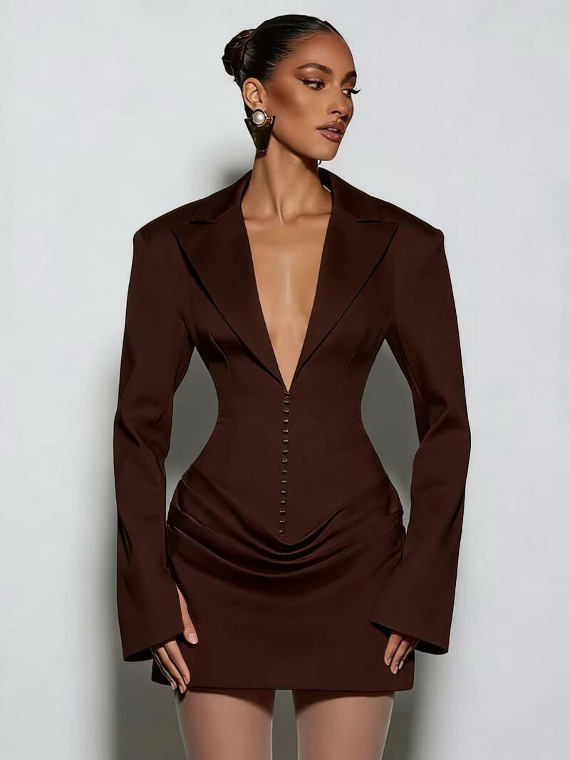 NURO Women's Solid Slim Fit Deep V Neck Belted Blazer Dress