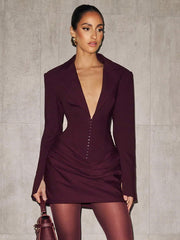 NURO Women's Solid Slim Fit Deep V Neck Belted Blazer Dress