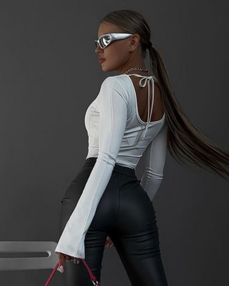 NURO Women's Square Neck Long Sleeve Top Flare Sleeve Crop T-Shirt