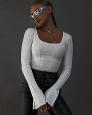 NURO Women's Square Neck Long Sleeve Top Flare Sleeve Crop T-Shirt