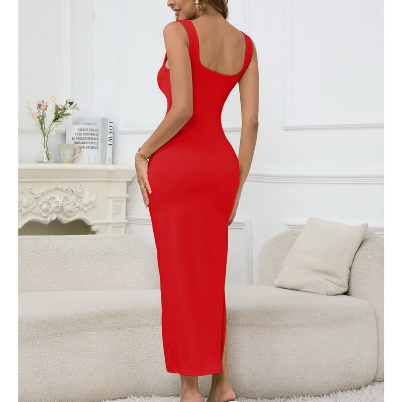 NURO Women's Square Neck Sleeveless Slip Dress, Hollow-Out Detail Maxi Dress