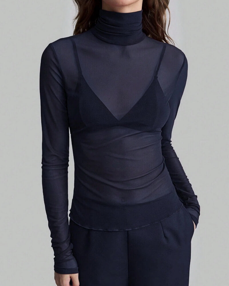 NURO Women's Stand Collar Mesh Slim-Fit Long Sleeve Top