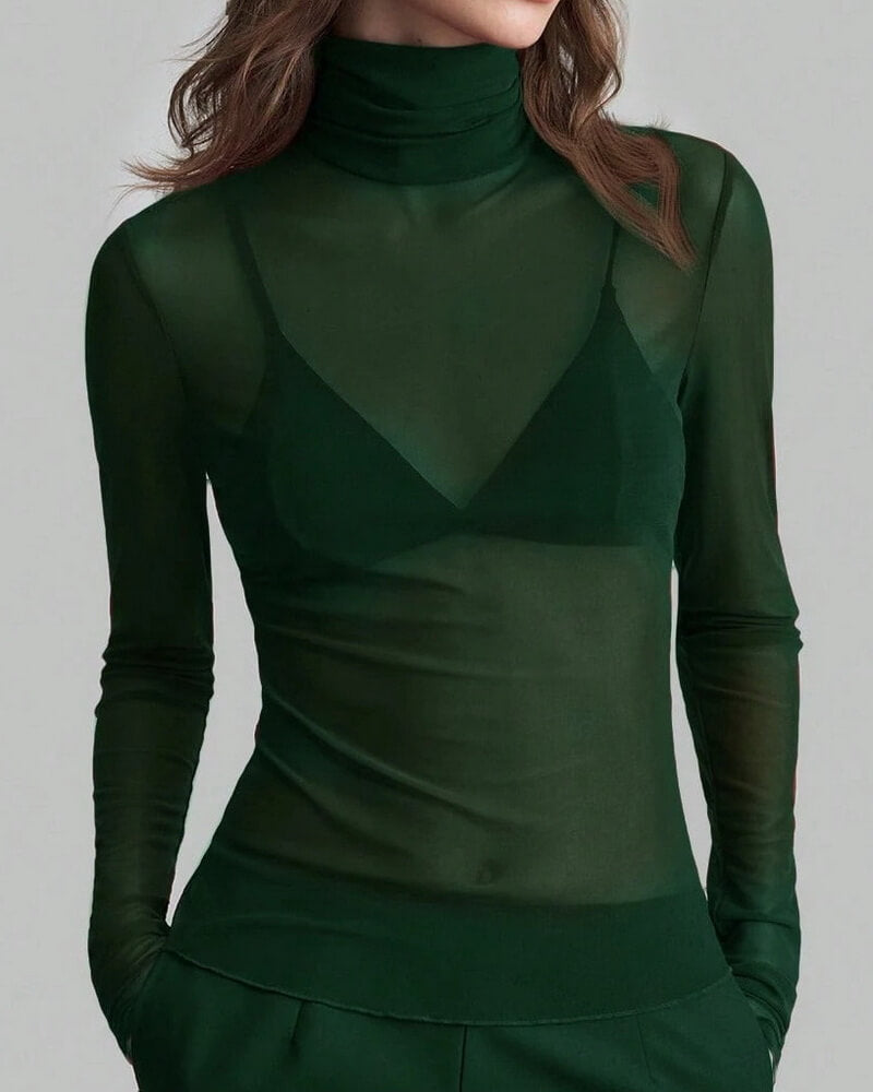 NURO Women's Stand Collar Mesh Slim-Fit Long Sleeve Top