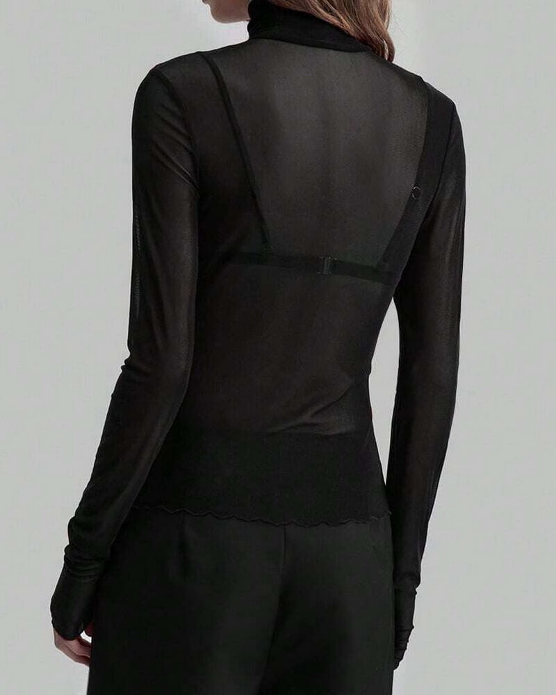 NURO Women's Stand Collar Mesh Slim-Fit Long Sleeve Top