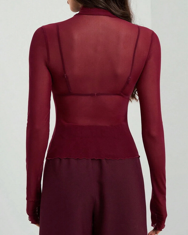 NURO Women's Stand Collar Mesh Slim-Fit Long Sleeve Top