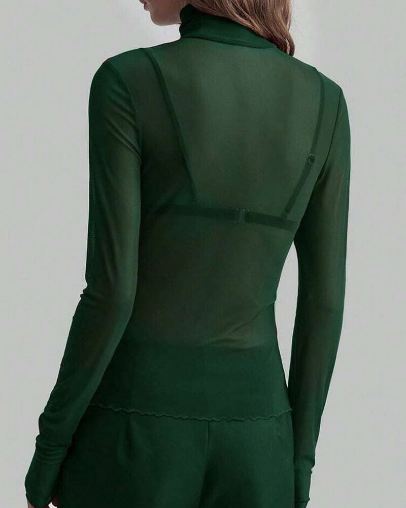 NURO Women's Stand Collar Mesh Slim-Fit Long Sleeve Top