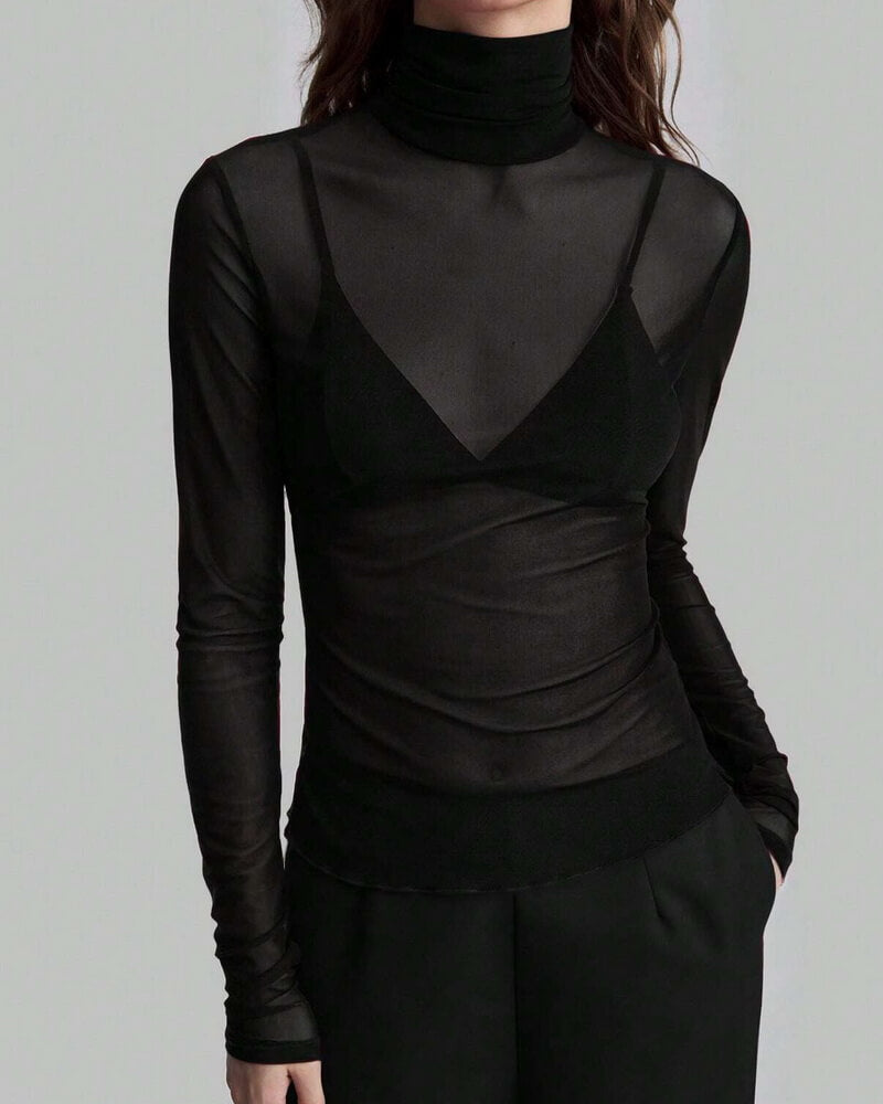 NURO Women's Stand Collar Mesh Slim-Fit Long Sleeve Top