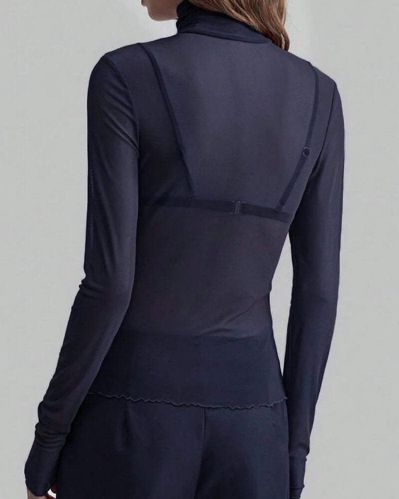 NURO Women's Stand Collar Mesh Slim-Fit Long Sleeve Top