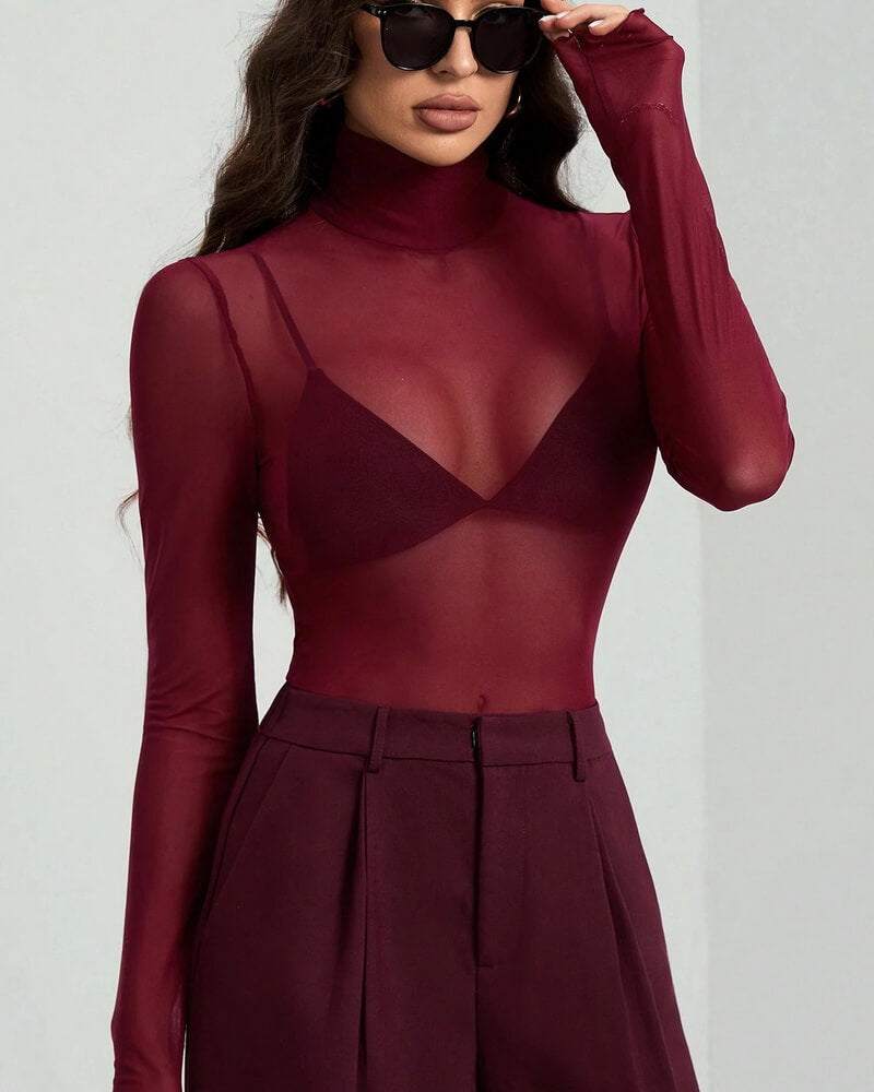 NURO Women's Stand Collar Mesh Slim-Fit Long Sleeve Top