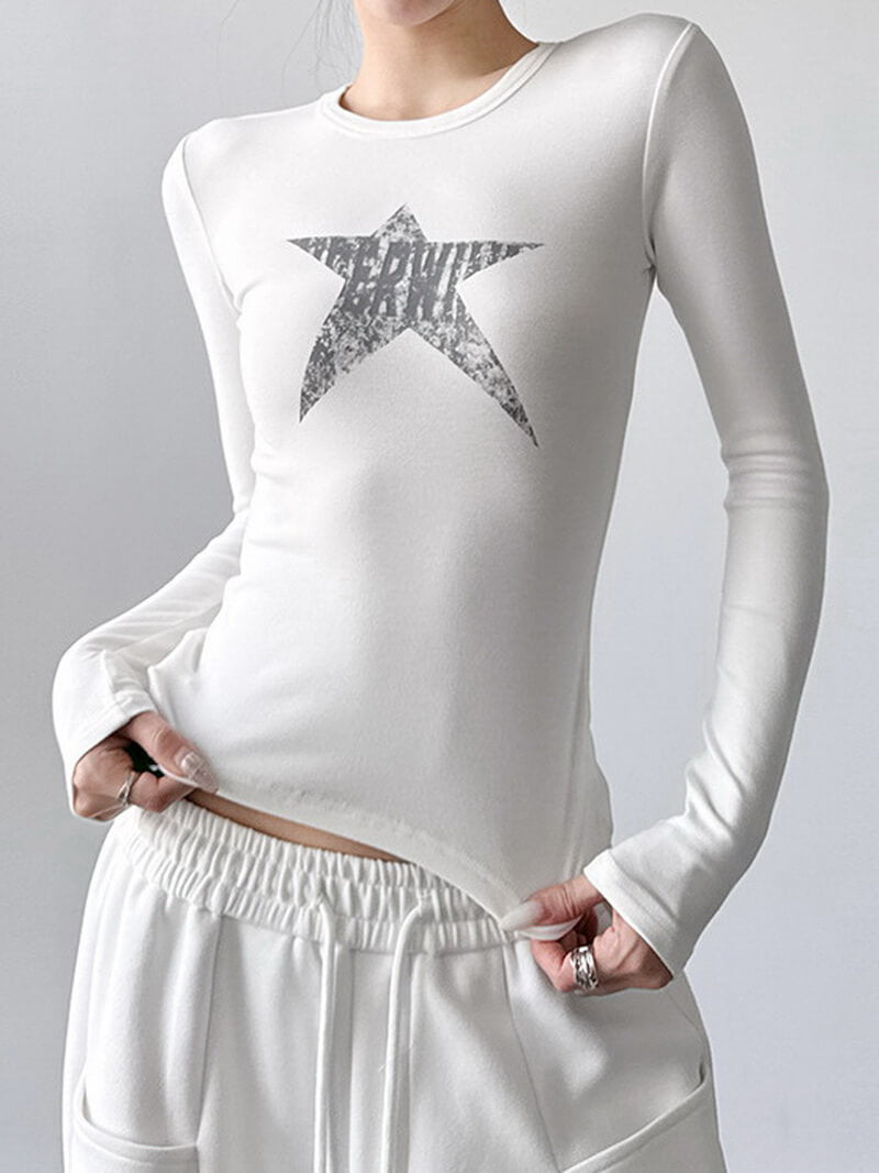 NURO Women's Star Print Fitted Long Sleeve T-Shirt - High Waist Retro Top