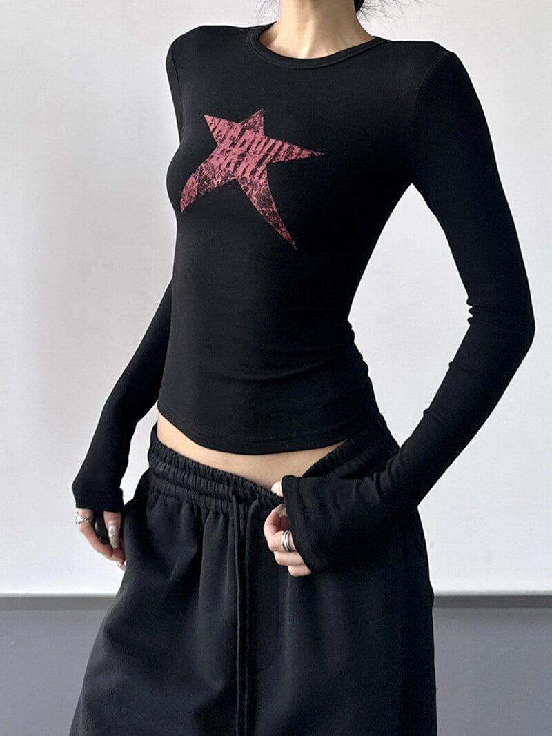 NURO Women's Star Print Fitted Long Sleeve T-Shirt - High Waist Retro Top