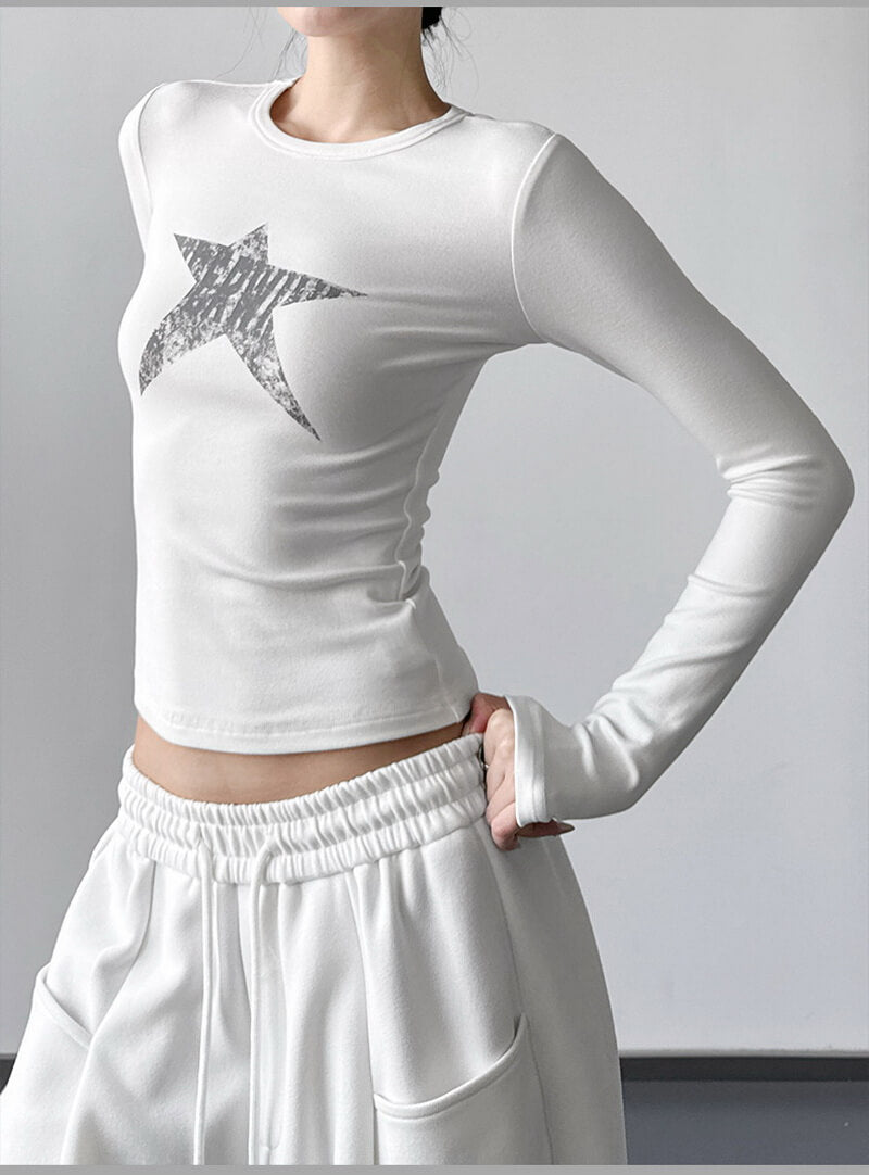 NURO Women's Star Print Fitted Long Sleeve T-Shirt - High Waist Retro Top