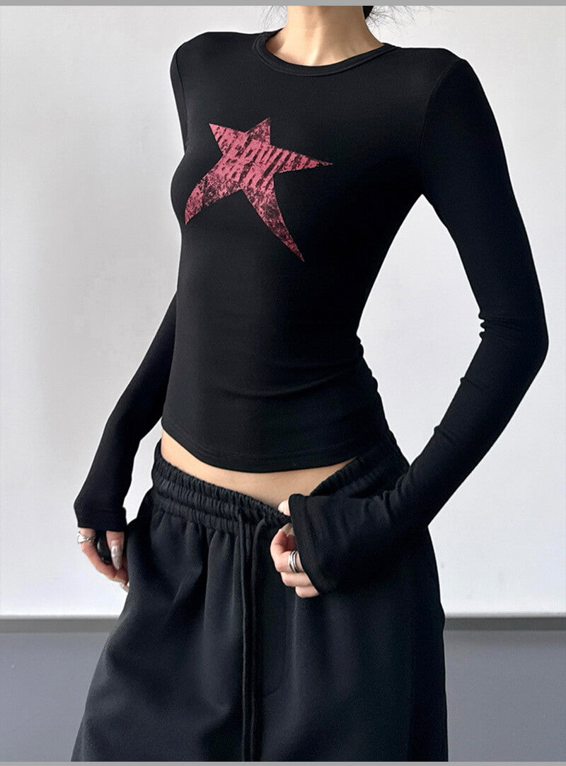 NURO Women's Star Print Fitted Long Sleeve T-Shirt - High Waist Retro Top