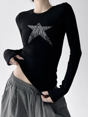 NURO Women's Star Print Fitted Long Sleeve T-Shirt - High Waist Retro Top