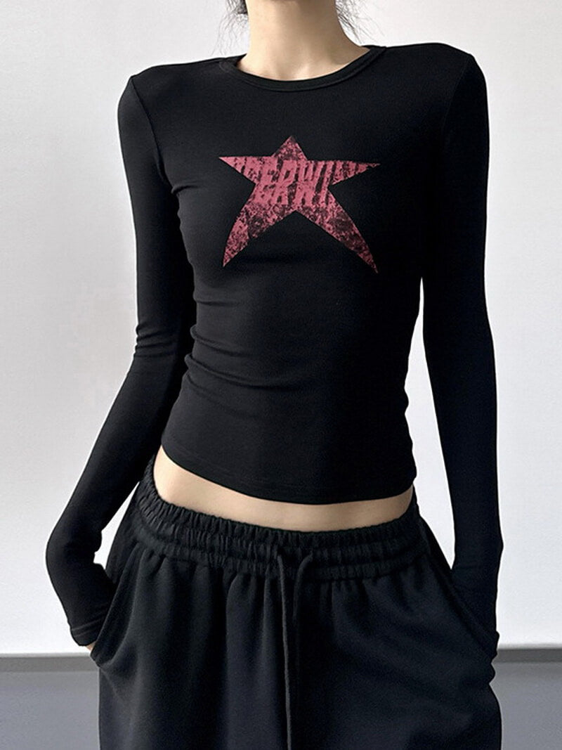 NURO Women's Star Print Fitted Long Sleeve T-Shirt - High Waist Retro Top