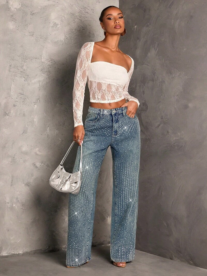 NURO Women's Straight Leg Blue Jeans with Rhinestone Embellishments