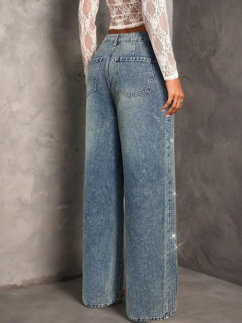 NURO Women's Straight Leg Blue Jeans with Rhinestone Embellishments