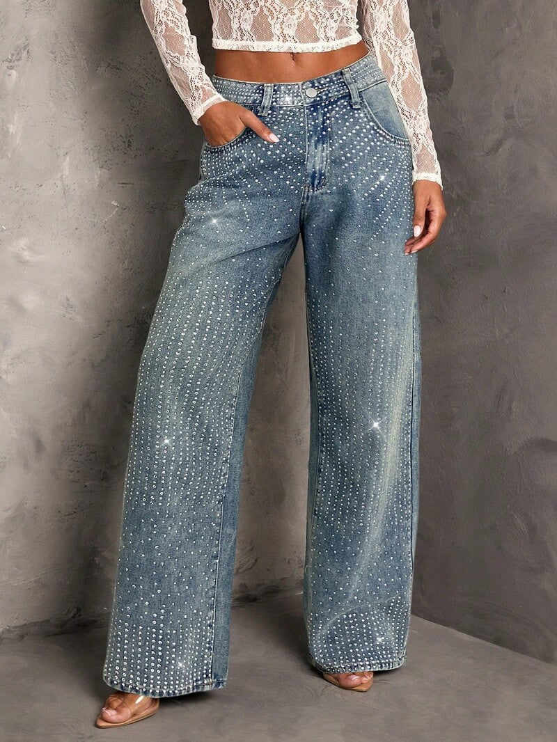 NURO Women's Straight Leg Blue Jeans with Rhinestone Embellishments