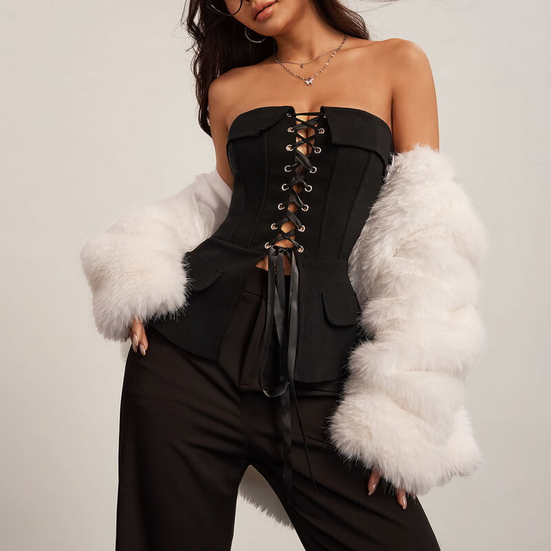 NURO Women's Strapless Boned Lace-Up Bustier Top