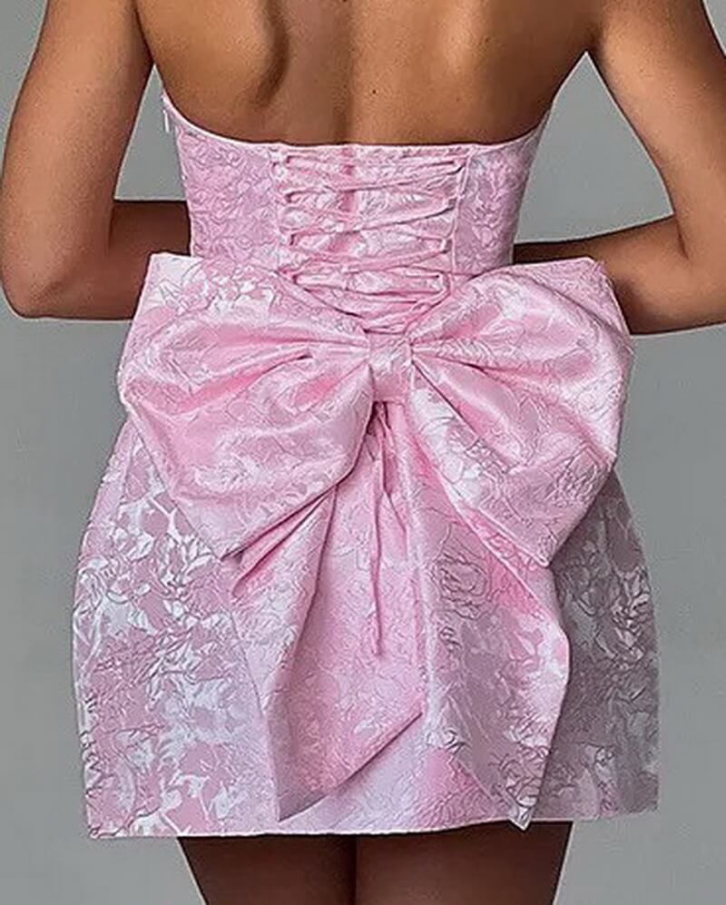NURO Women's Strapless Bow Back Mini Dress - High Waist A-Line Cocktail Dress with Lace-Up Detail