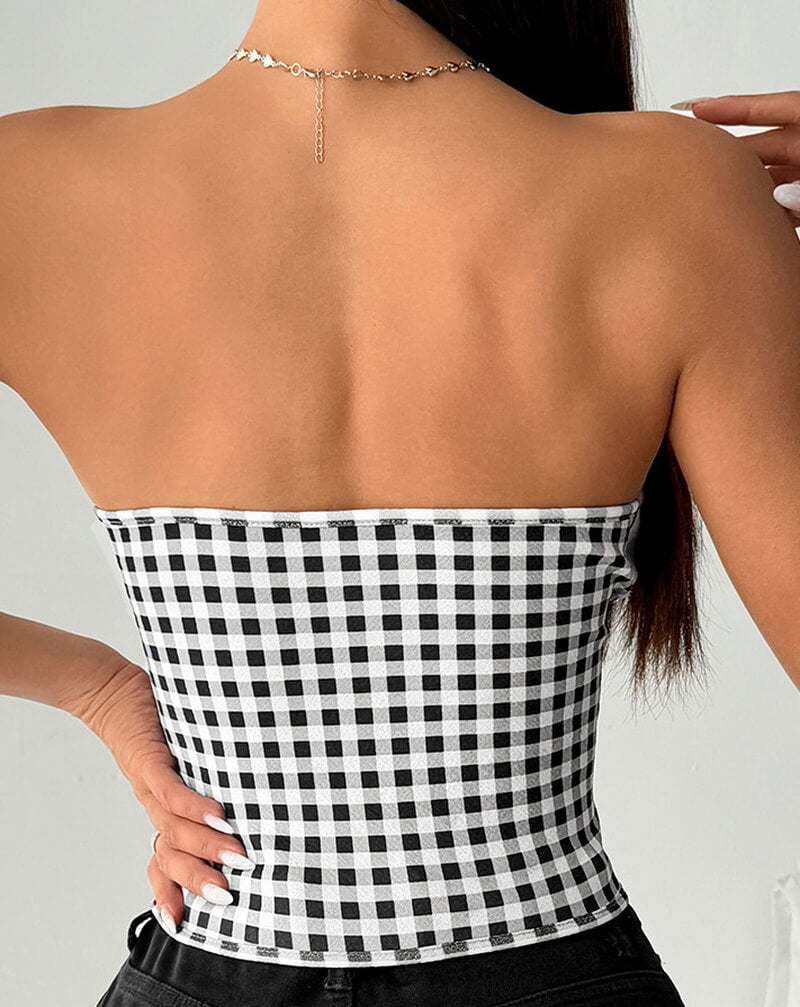 NURO Women's Strapless Checkered Corset Top with Tie Detail