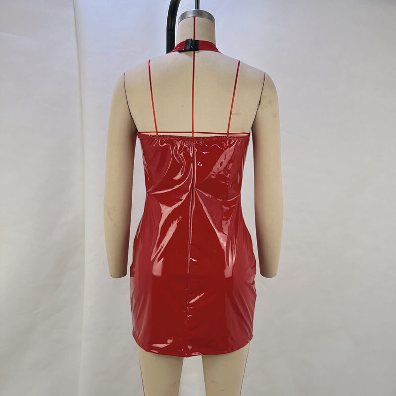 NURO Women's Strapless PU Leather Bodycon Dress - V-Neck Sleeveless Mini Dress for Nightclub and Evening Wear