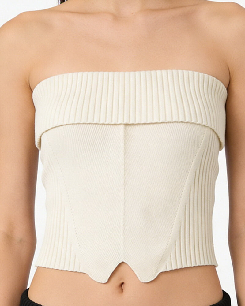 NURO Women's Strapless Ribbed Top, Slim Fit Crop Top with Rolled Edge