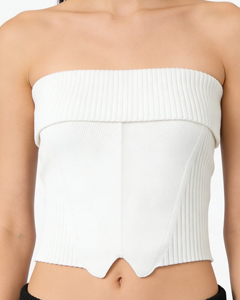 NURO Women's Strapless Ribbed Top, Slim Fit Crop Top with Rolled Edge