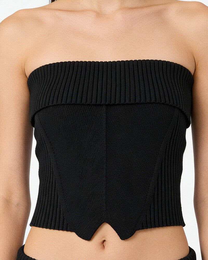 NURO Women's Strapless Ribbed Top, Slim Fit Crop Top with Rolled Edge