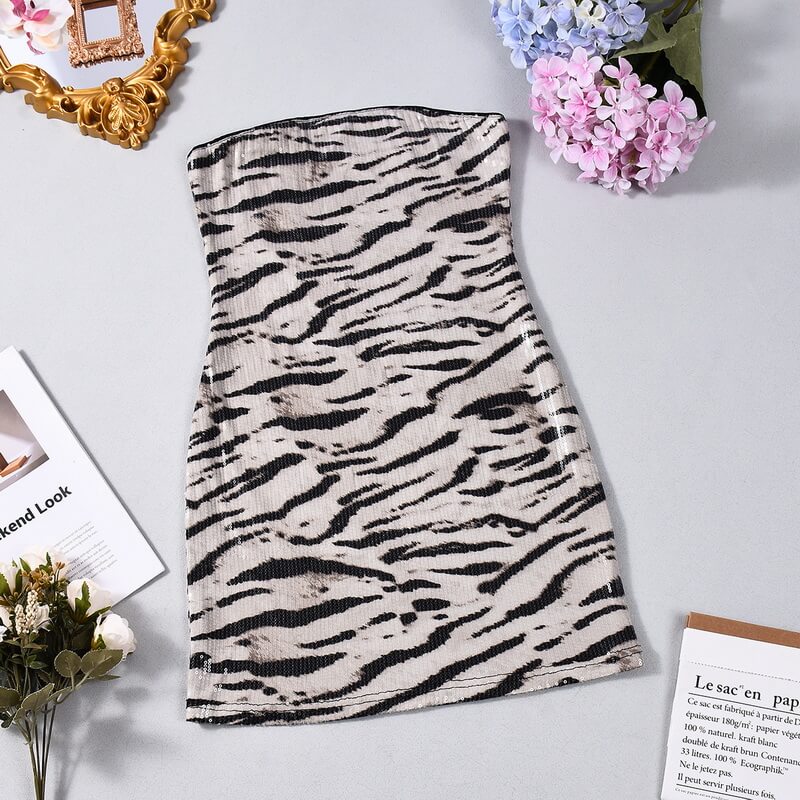 NURO Women's Strapless Sequin Zebra Print Bodycon Dress - Short, Backless, Evening Party Dress