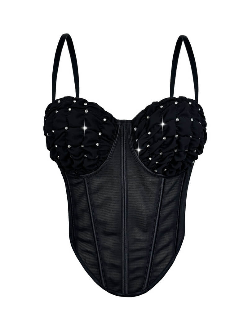 NURO Women's Stripe & Mesh Bustier Top - Rhinestone Sheer Corset with Detachable Straps